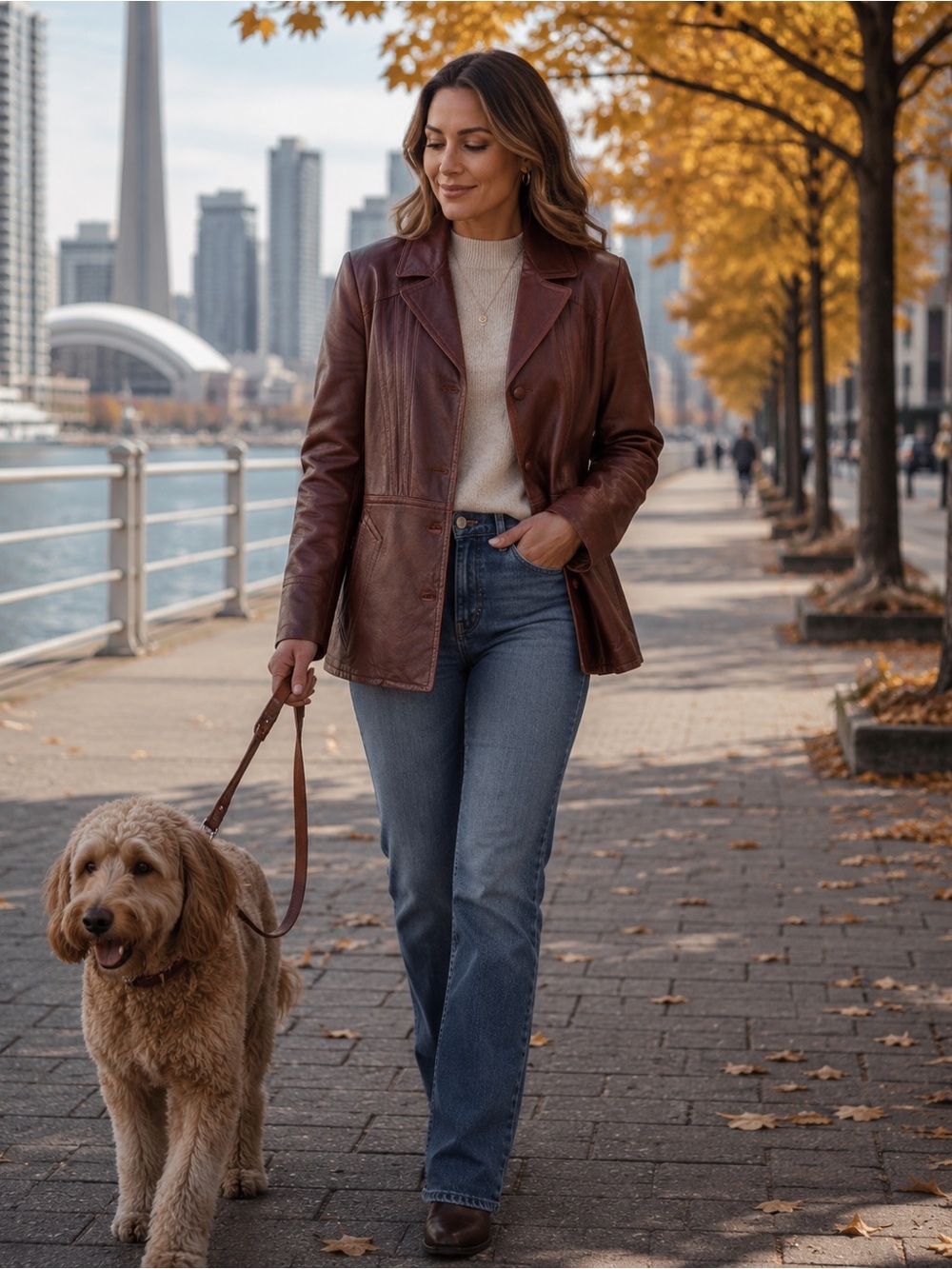 Vintage Women's Brown Leather Blazer Jacket - Classic Tailored Style